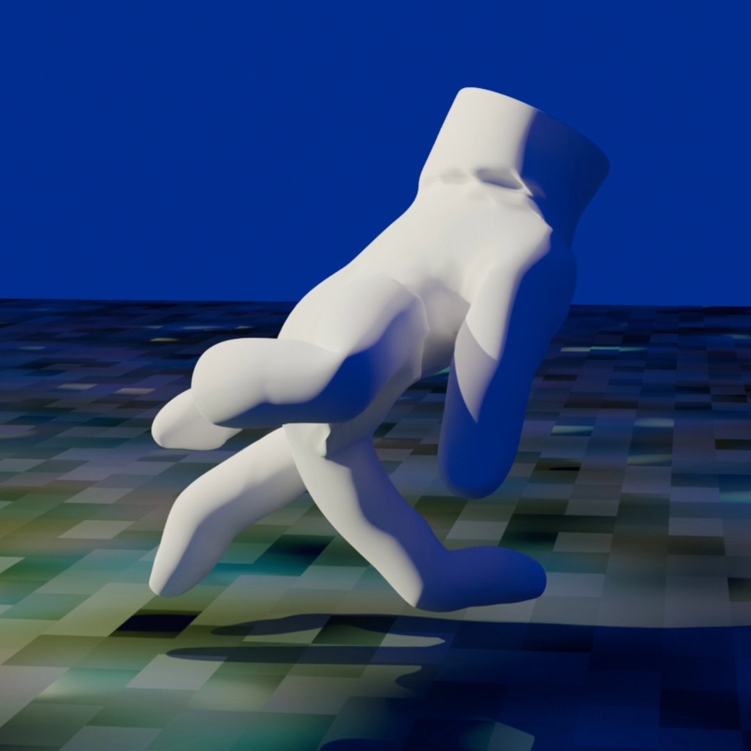 Click LaFont, a white 3D hand, running on its fingers across a pixelated plain under a deep blue sky.
